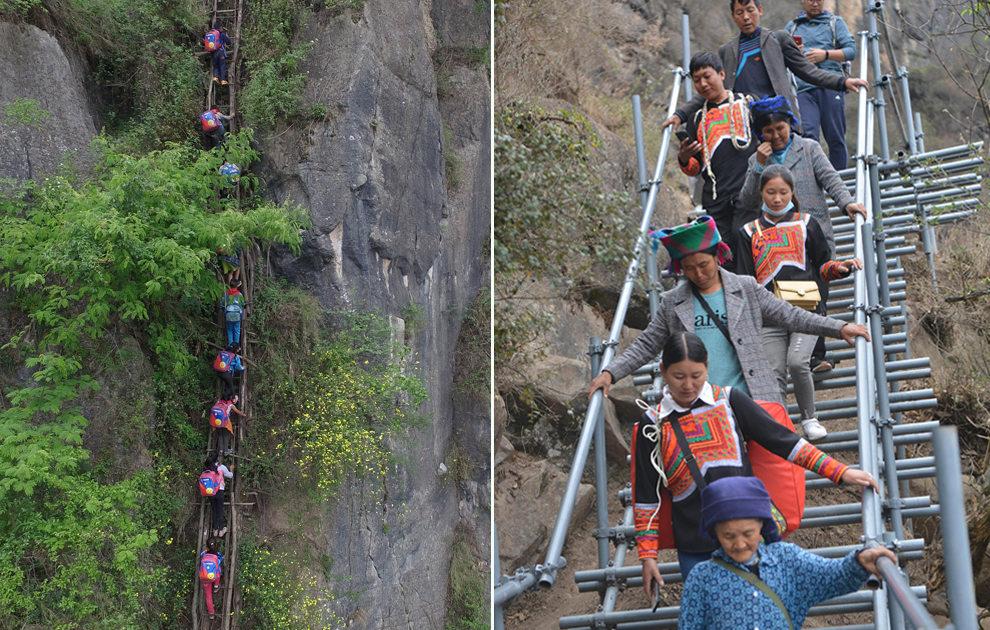 “懸崖村”今昔對(duì)比：左圖為2016年5月14日，孩子們?cè)诩议L(zhǎng)保護(hù)下攀爬木梯回家。右圖為2020年5月13日，昭覺縣支爾莫鄉(xiāng)阿土列爾村村民帶著行李通過(guò)鋼梯下山，搬遷至易地扶貧集中安置點(diǎn)的新家。